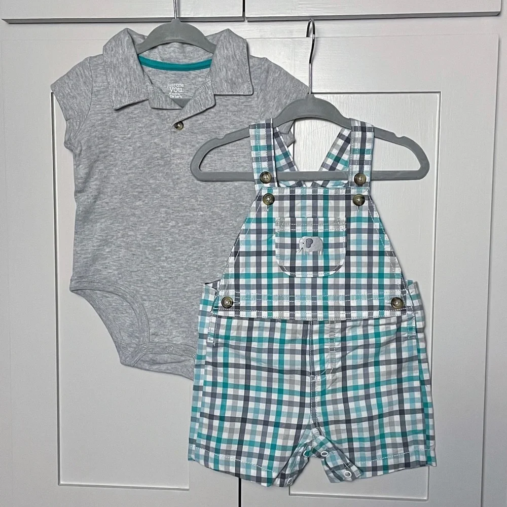Cater’s Baby Boy Elephant Plaid Shortalls Set
